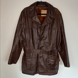 Vintage Grais Steerhide 70’s 80s Brown Leather Faux Fur Lined Belted Jacket Coat
